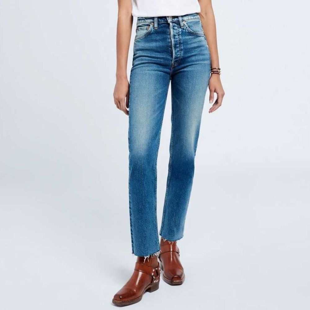 RE/DONE 70s High Rise Stove Pipe Jeans Broken In Dark Wash Size 24 Straight Leg